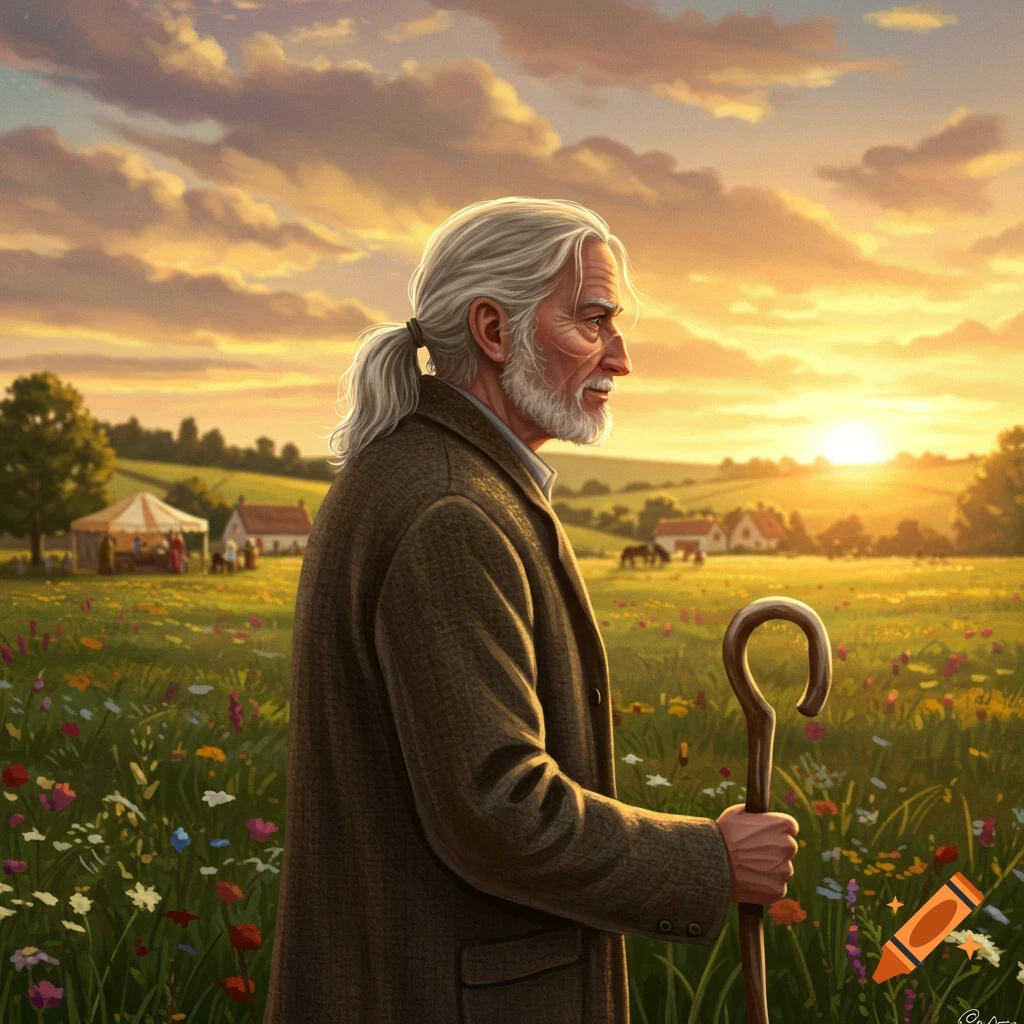 Old man with a ponytail and beard in a wildflower field, holding a shepherd's crook, gazing at a sunset over a rural village.