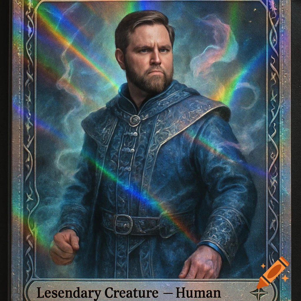 A man resembling JD Vance is depicted as a foil fantasy trading card, wearing a blue ornate robe with a serious expression, against a smoky, rainbow-hued background.