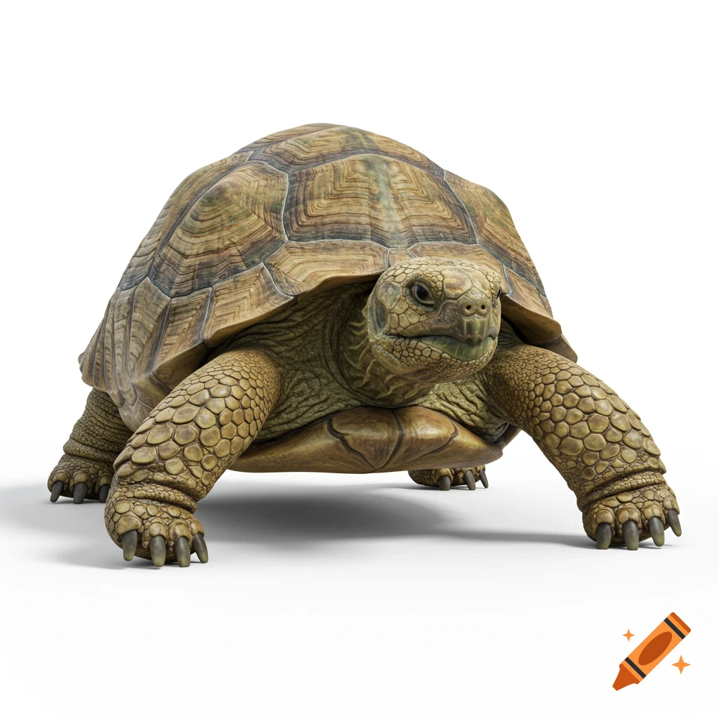 A photorealistic tortoise stands facing forward on a white background.
