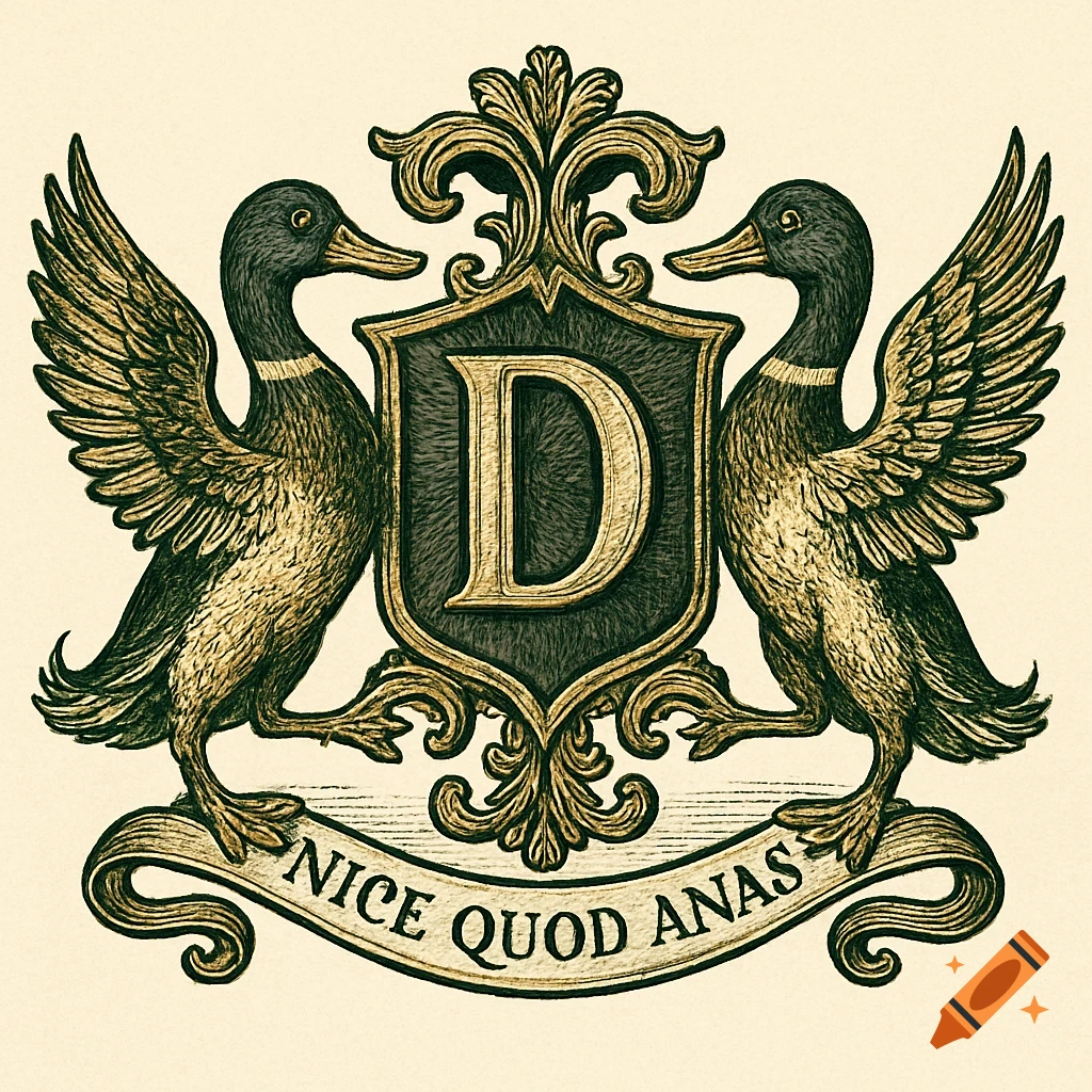 Renaissance woodcut style coat of arms with two mallard ducks supporting a shield with an ornate capital D, and a ribbon below with the text "NICE QUOD ANAS".