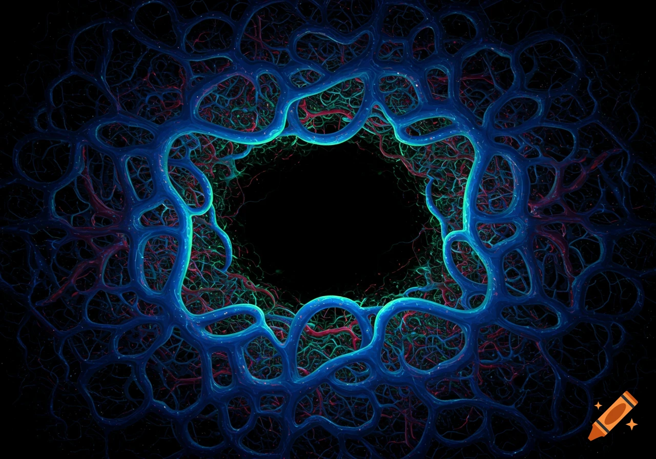 A surreal, glowing network of blue and teal vein-like structures forms a border around a central black void on a dark background.