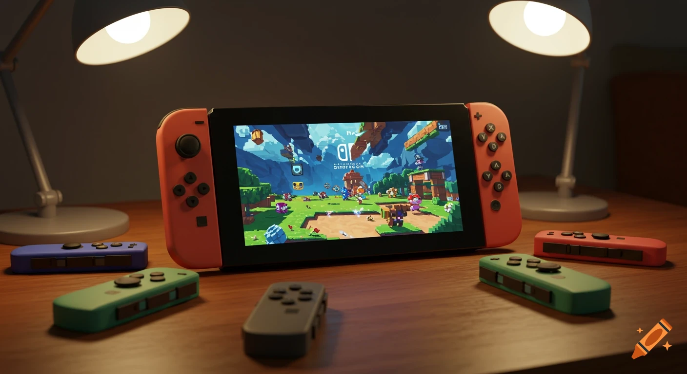A Nintendo Switch console displays a pixelated fantasy game, surrounded by various colorful Joy-Con controllers on a wooden table, lit by two lamps.
