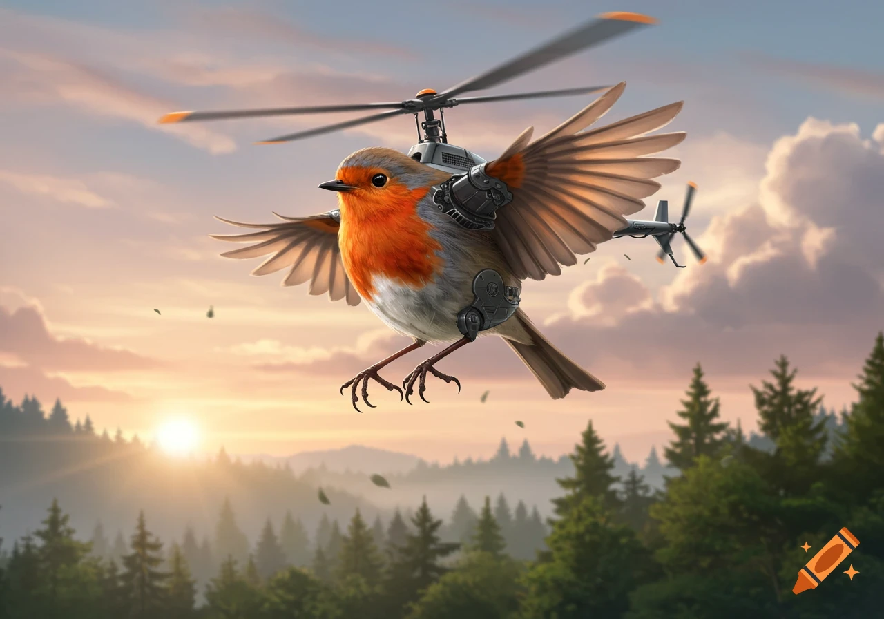 A robin with mechanical helicopter rotors attached to its back and tail flies over a forest at sunset, with leaves falling around it.