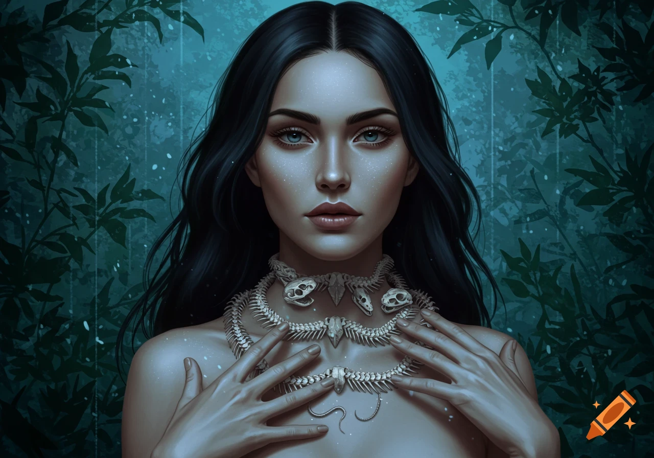Portrait of a dark-haired woman with blue eyes, wearing a snake skeleton necklace, in a lush, dark jungle setting.