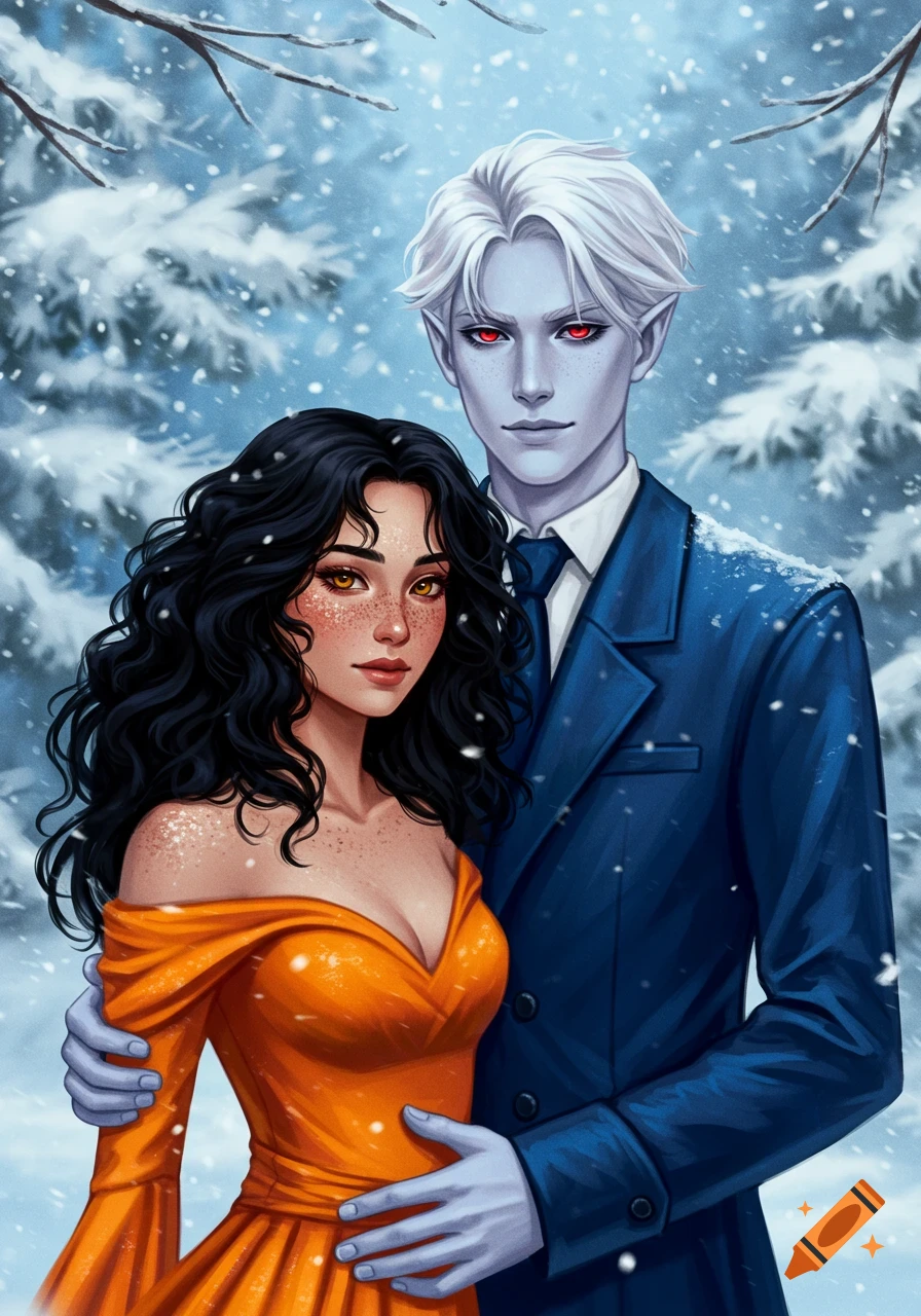 Stylized illustration of a fantasy couple in a snowy forest. Woman with black hair, orange dress; man with white hair, red eyes, pointed ears, blue suit.