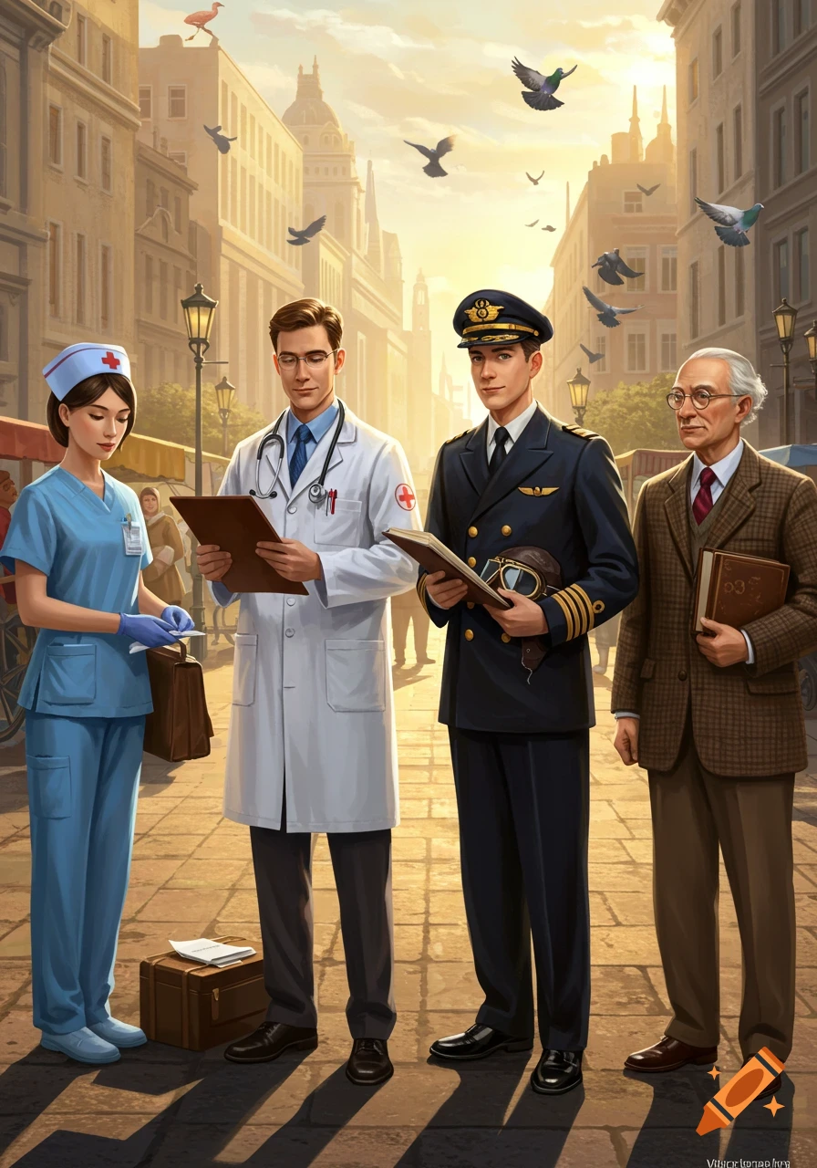 A nurse, doctor, pilot, and professor stand side-by-side on a sunny city street, with pigeons flying overhead and buildings in the background.