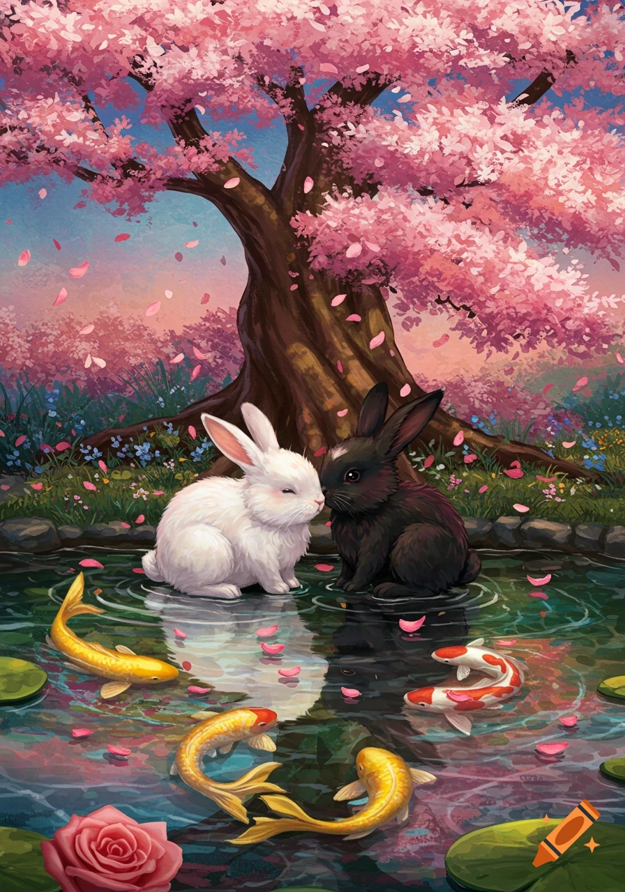 An illustration of a white and black bunny kissing in a pond with koi fish under a pink cherry blossom tree.