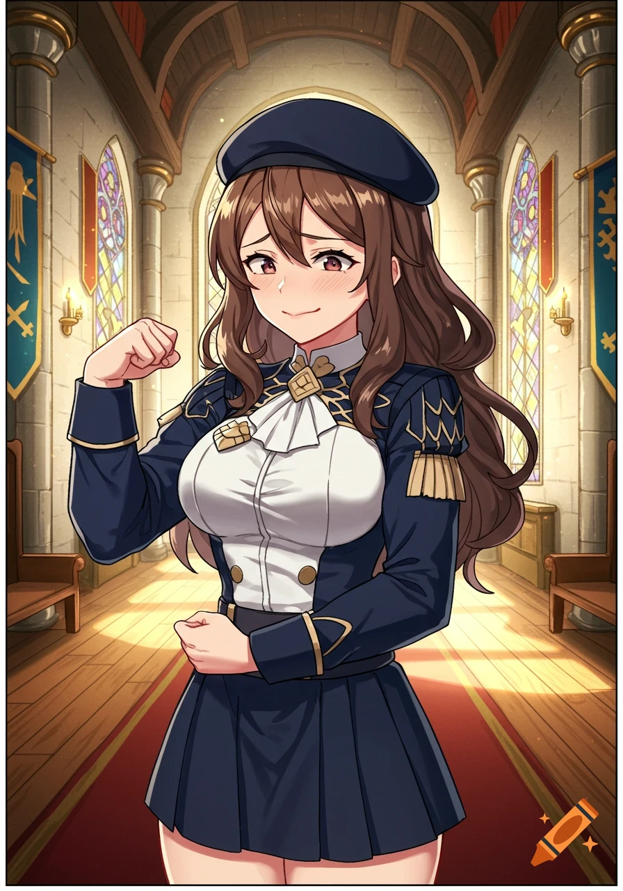 Anime girl with brown hair in a blue uniform and beret shyly flexing muscles inside a church with stained glass windows.