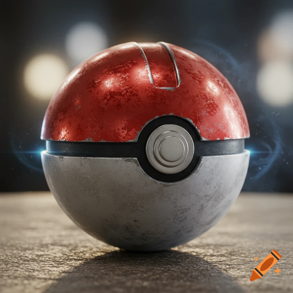 A hyper-realistic, weathered red and white Pokéball with a metal button sits on a textured surface, with blue light effects.