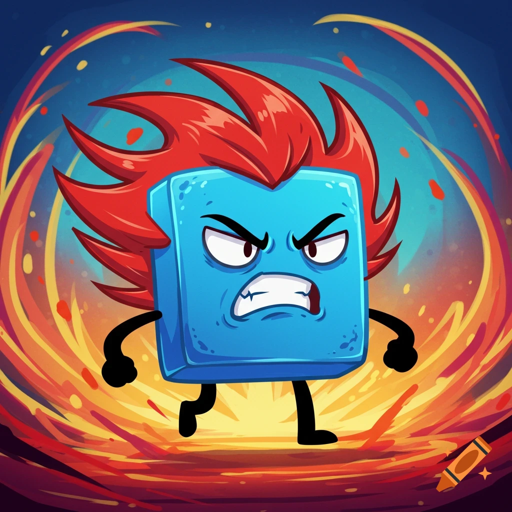 An angry blue square cartoon character with red spiky hair, stick arms and legs, surrounded by swirling fire on a dark blue background.