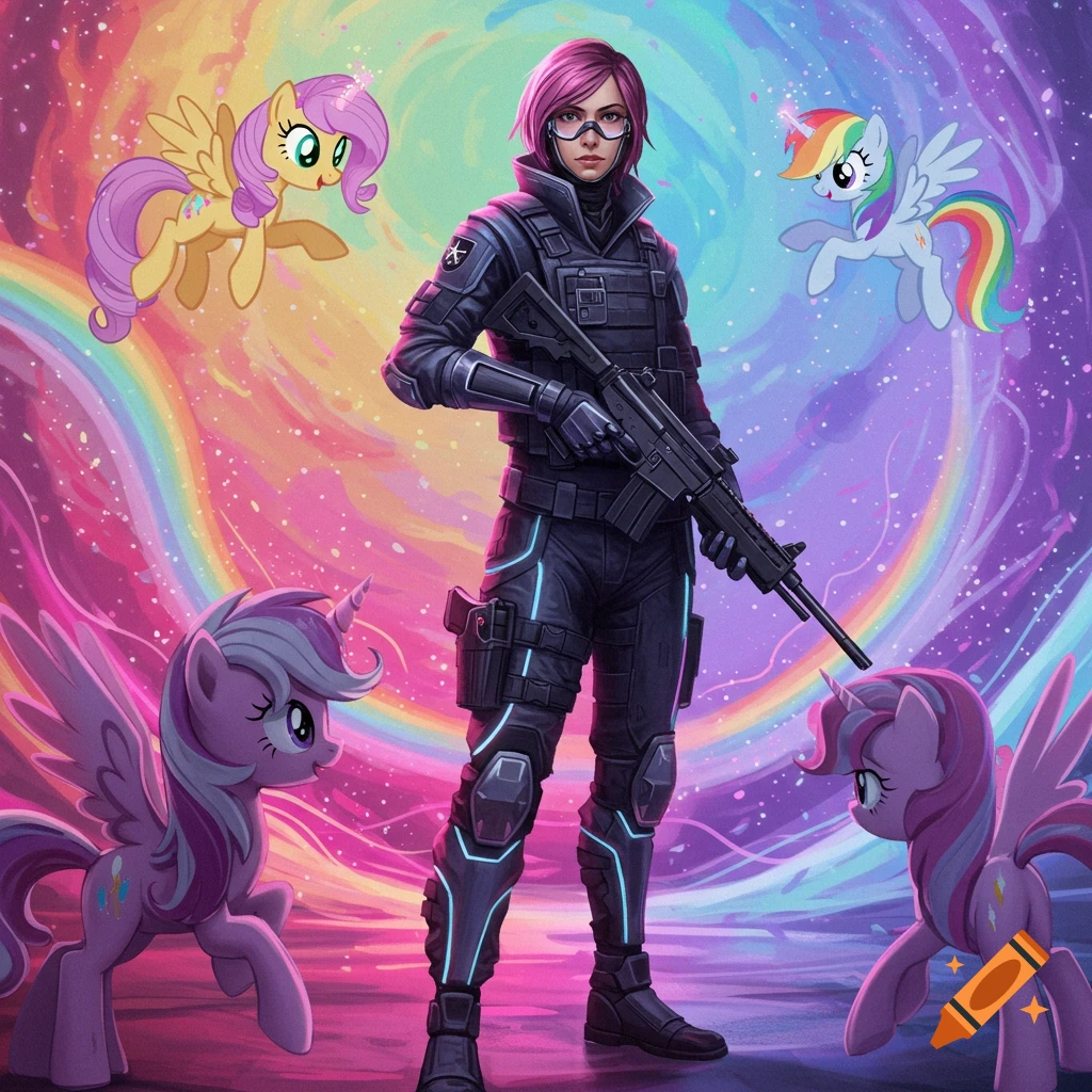 A woman with pink hair in tactical gear holds a rifle, surrounded by several My Little Pony characters on a vibrant, rainbow-swirl background.