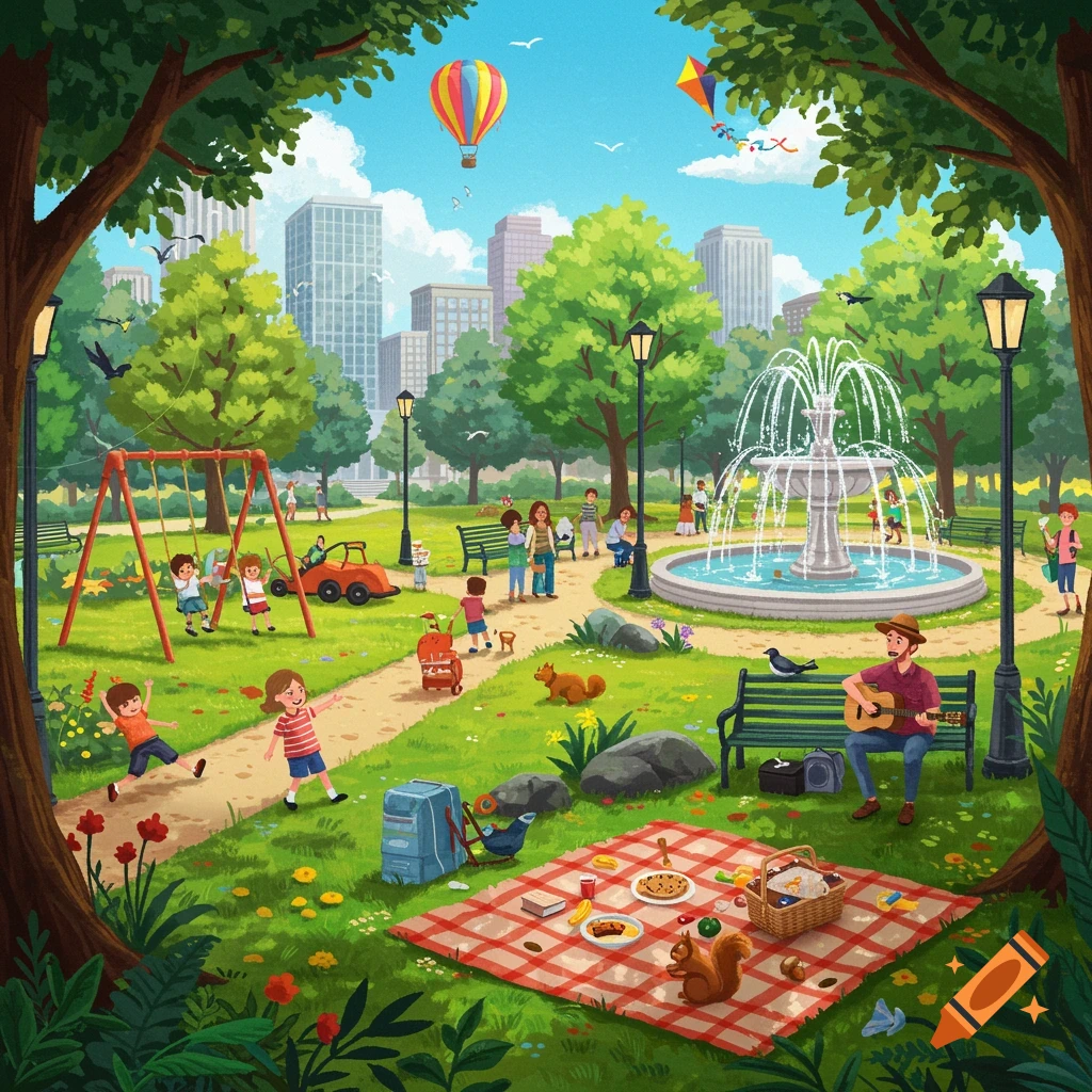 Vibrant illustration of a busy city park with children playing, people picnicking, a musician, a fountain, and a hot air balloon.