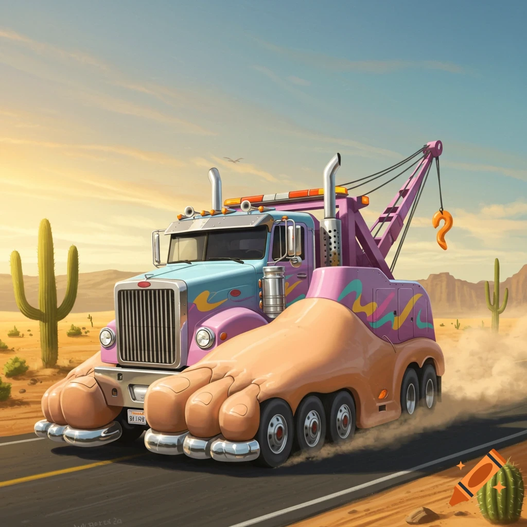 A whimsical cartoon tow truck with large human-like toes instead of front wheels, driving on a desert road with saguaro cacti.
