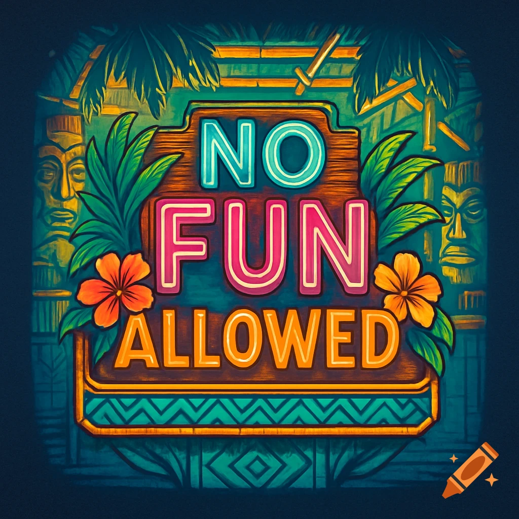 Colorful, stylized sign reading "NO FUN ALLOWED" in a tiki bar setting with masks and tropical leaves.