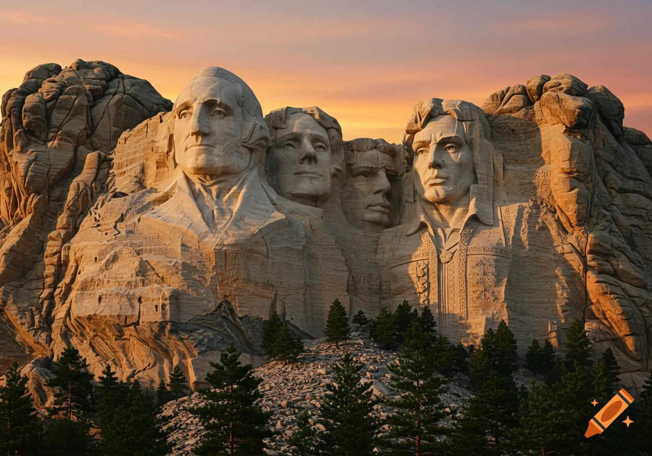 Four faces carved into a mountain, resembling Mount Rushmore, bathed in warm sunset light with pine trees below.