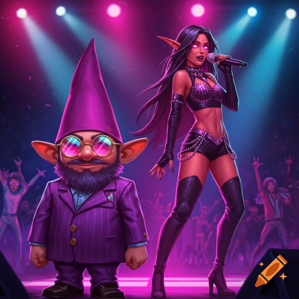 A cartoon gnome in a purple suit and hat stands next to a dark elf singer in a black crop top and shorts on a brightly lit stage.
