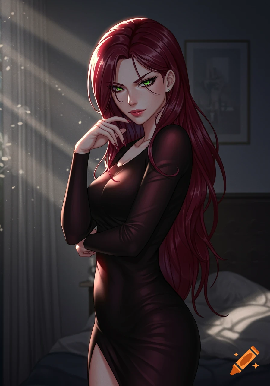 A dominant anime-style woman with long red hair and green eyes, wearing a tight black dress, smirks in a dim room with sunlight.