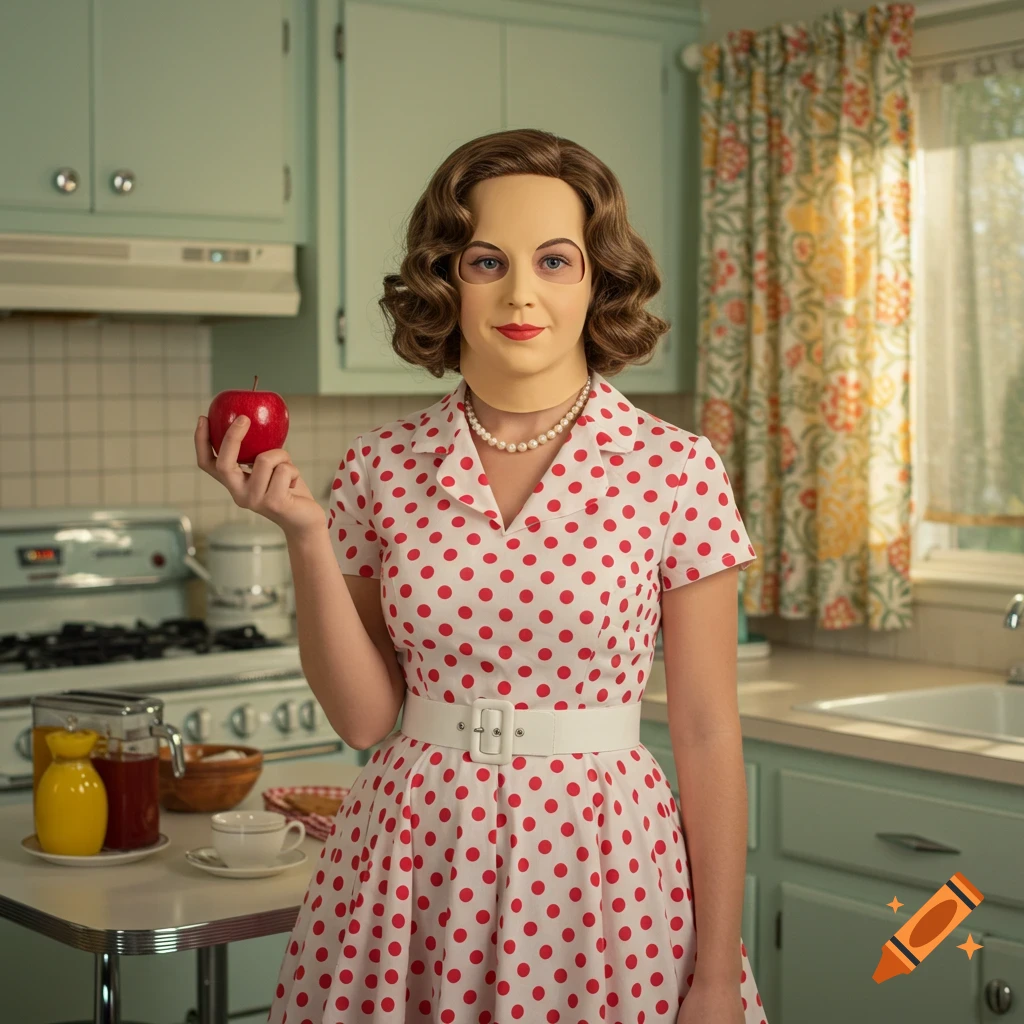 A woman in a red polka dot dress and a skin-toned mask holds a red apple in a retro 1950s kitchen.