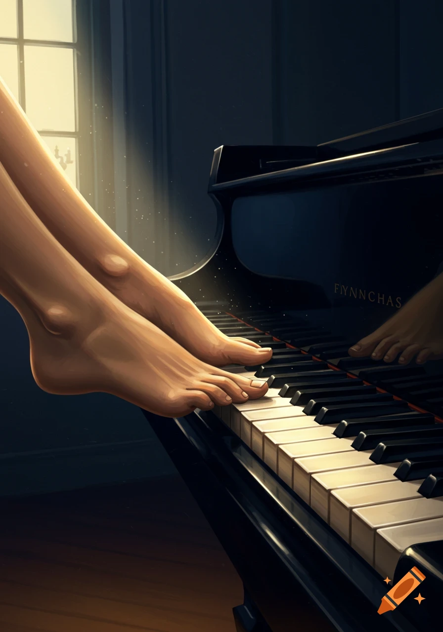 Illustrated bare feet gently pressing keys on a dark grand piano, with sunlight shining through a window in the background.