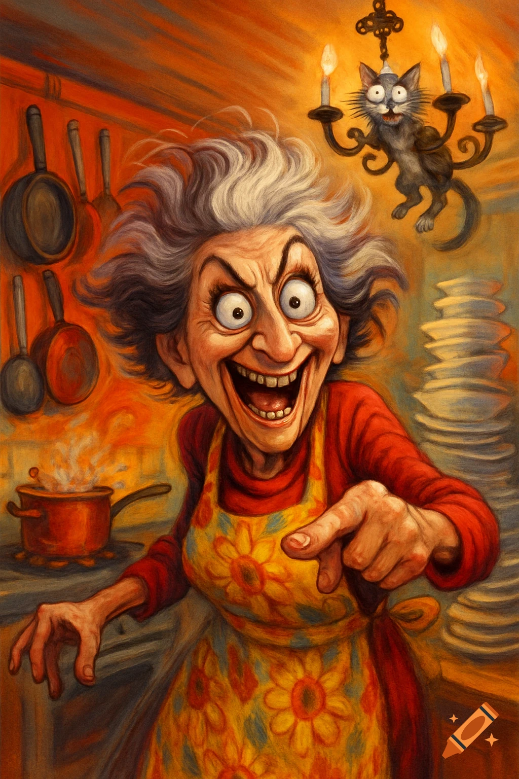 A caricature of a crazed old woman with wild white hair, laughing maniacally and pointing, in a kitchen with a steaming pot and a cat chandelier.