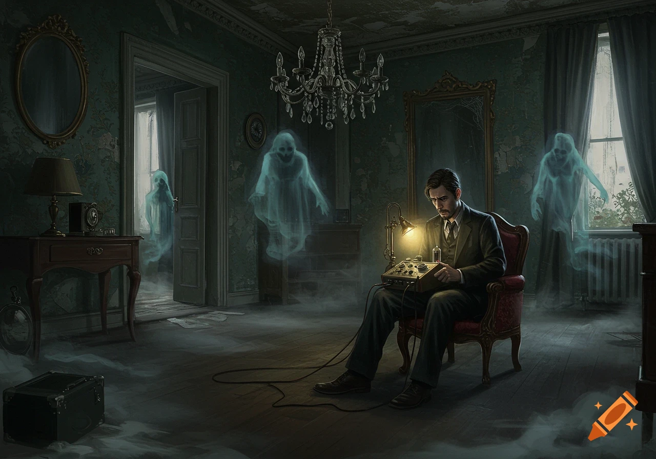 A man in a suit sits in a haunted, dark room, operating a vintage device as multiple ethereal ghosts float around him.