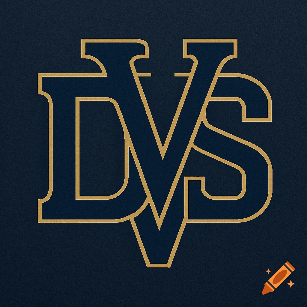 A gold outlined 'DVS' monogram logo with dark blue fill, set against a dark blue textured background.