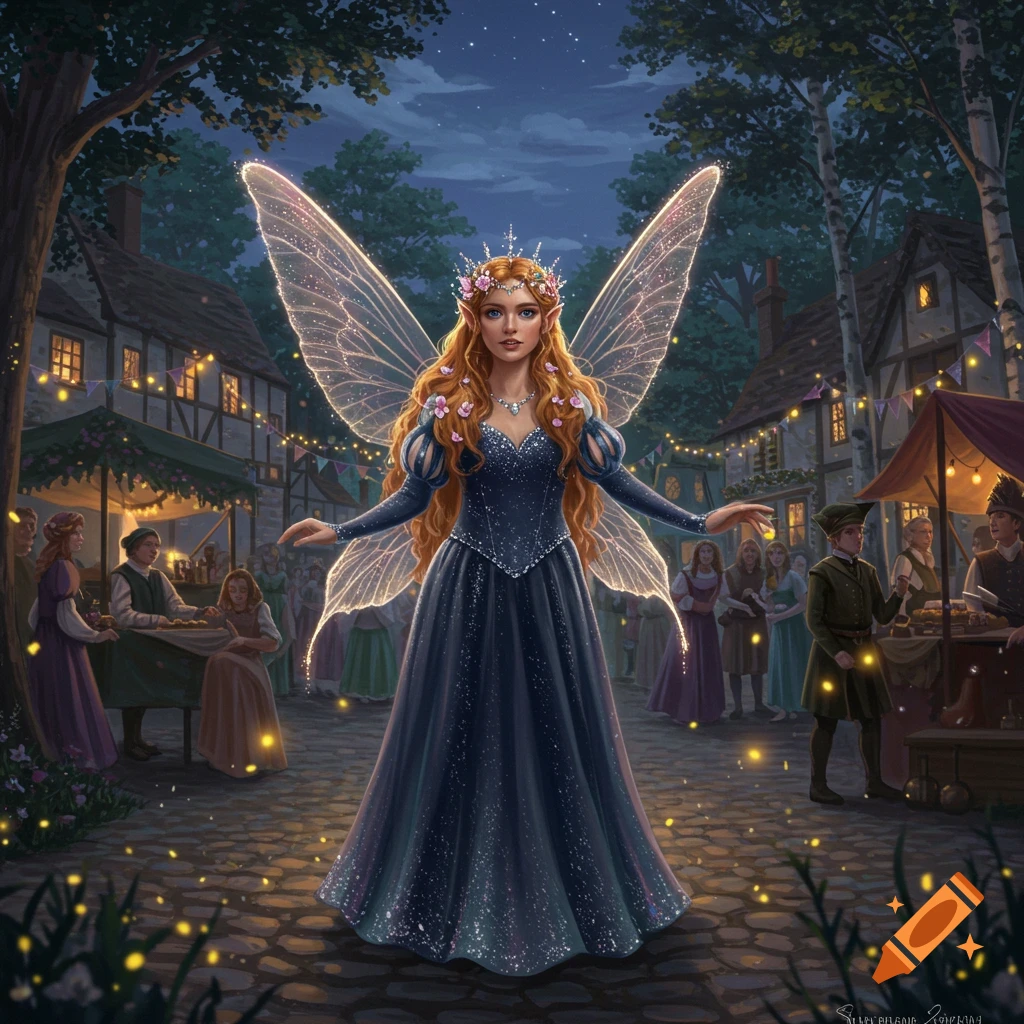 A red-haired fairy with luminous wings and a blue gown stands in a magical, bustling village market at night, in a fantasy art style.