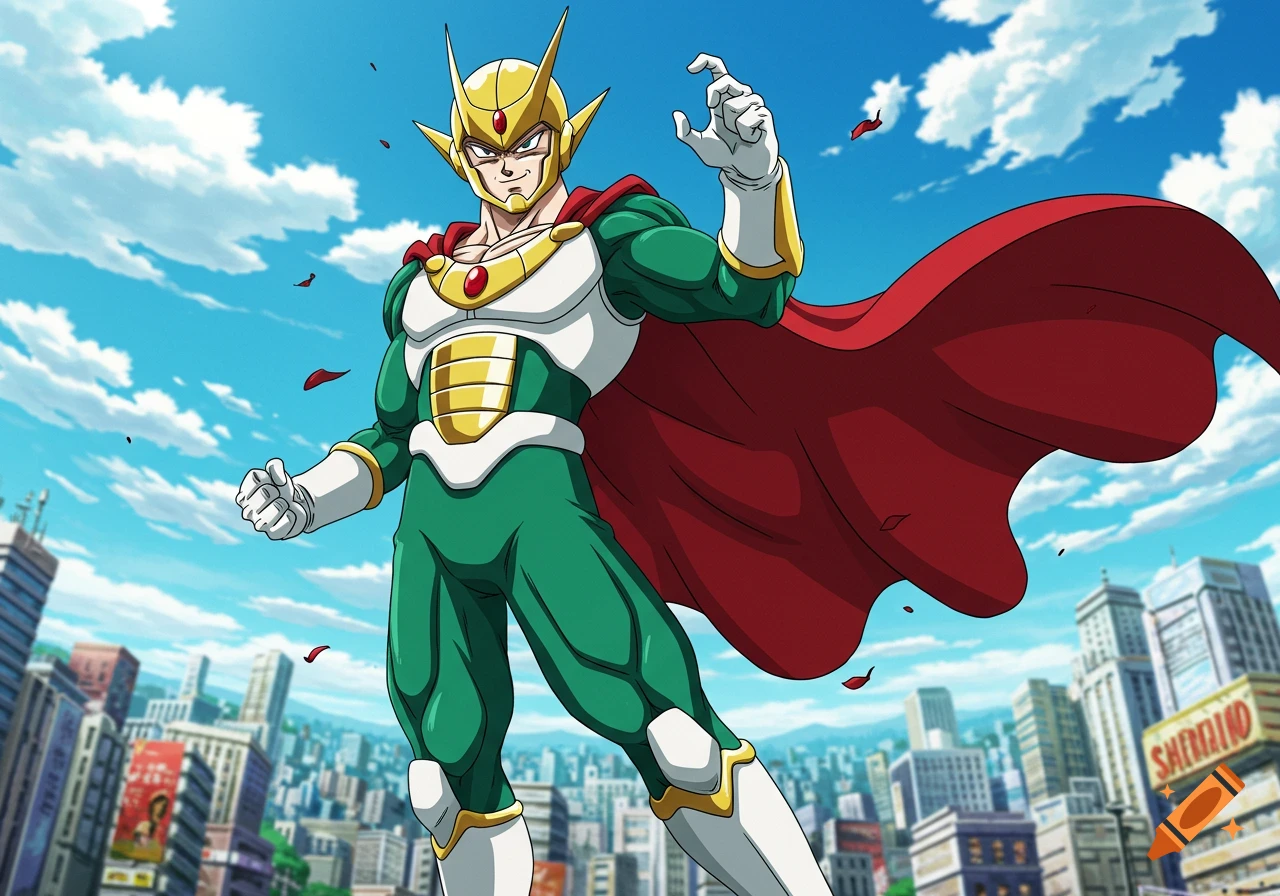 A cartoon anime superhero resembling Great Saiyaman, wearing a green, gold, and white suit with a red cape, stands above a city against a blue sky.