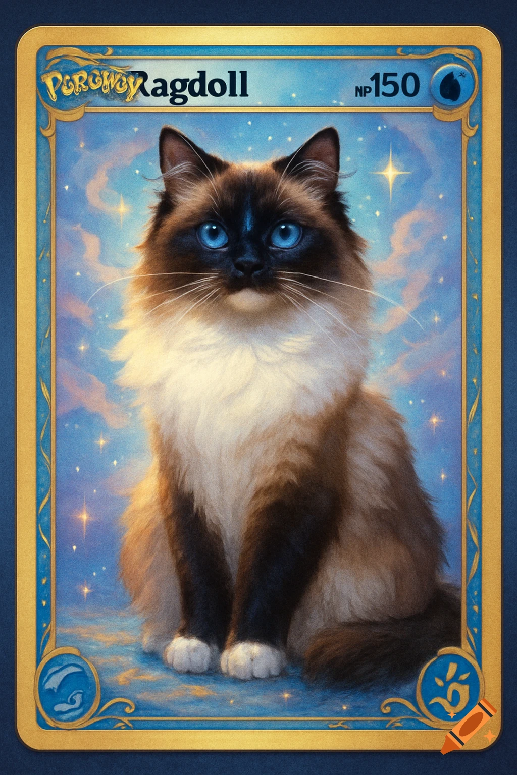 A beautiful seal bicolor Ragdoll cat with bright blue eyes depicted on a stylized Pok pmon trading card.