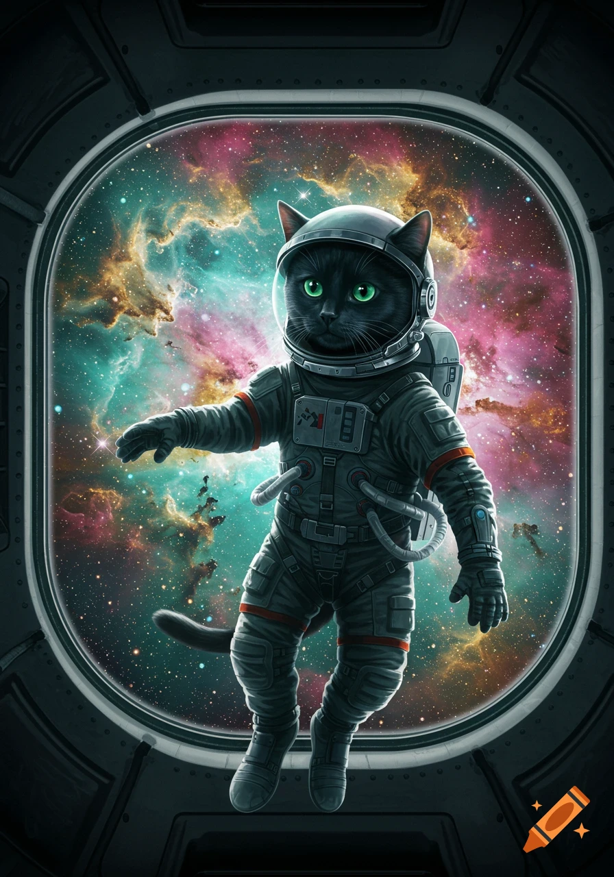 A black cat in an astronaut suit floats in space with a colorful nebula visible through the spaceship window.