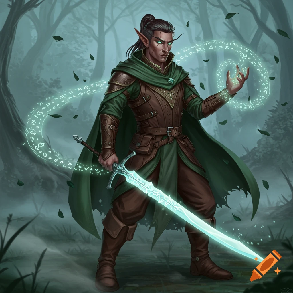 A dark-haired male elf in green and brown fantasy armor holds a glowing blue sword, casting magic in a misty forest.
