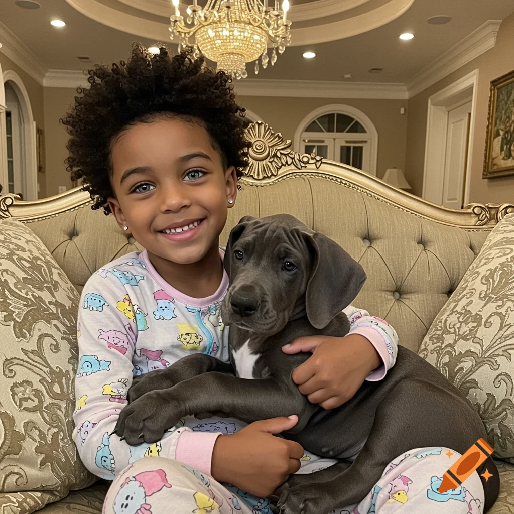 A smiling child with blue-green eyes and an afro haircut sits on a fancy couch, holding a gray Great Dane puppy in a luxurious room.