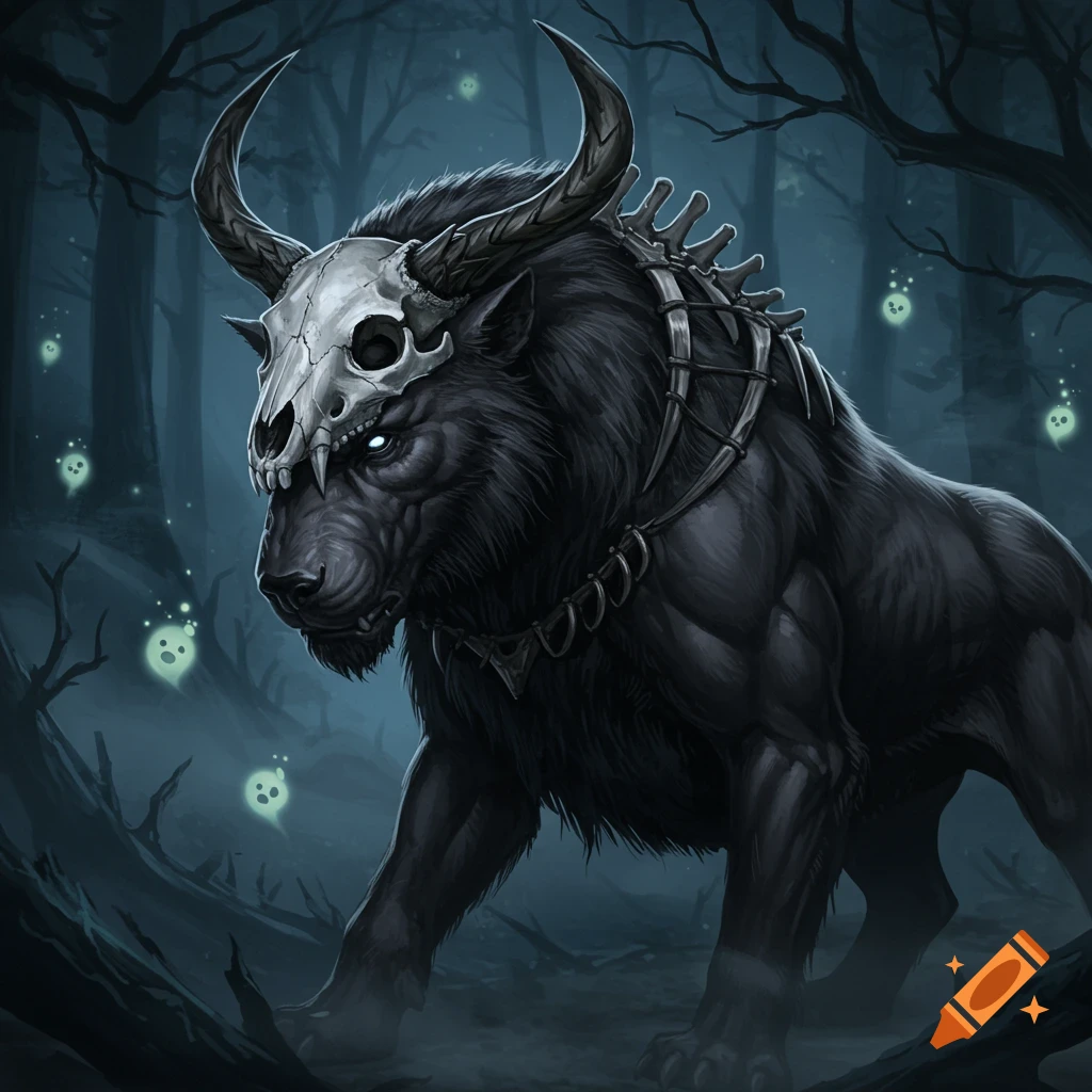 Dark, muscular fantasy creature with horned skull head, bone armor, and glowing eyes, walks through a misty forest with luminous ghosts.