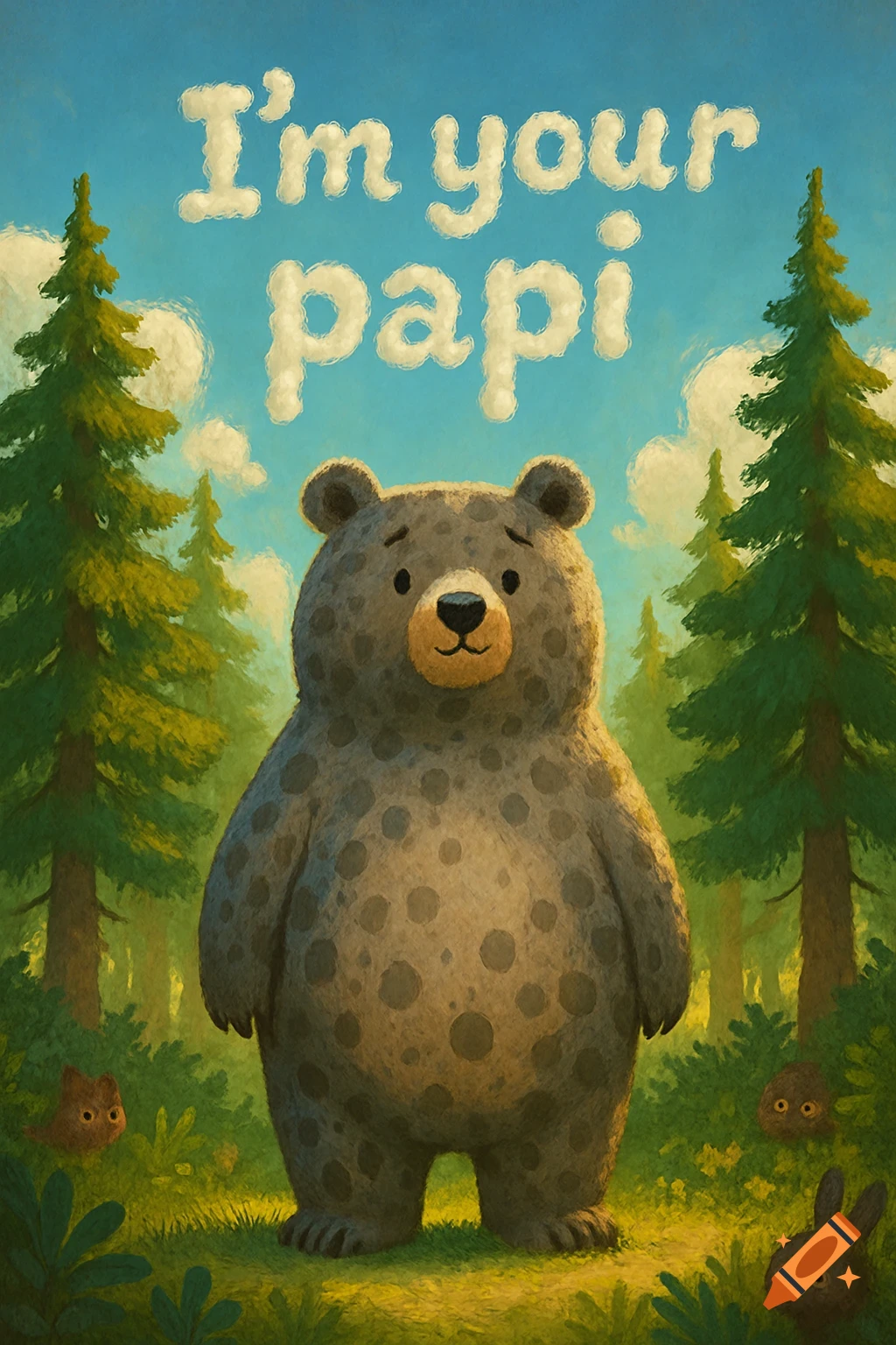 A cute, spotted brown bear in a forest with 'I'm your papi' written in clouds above.