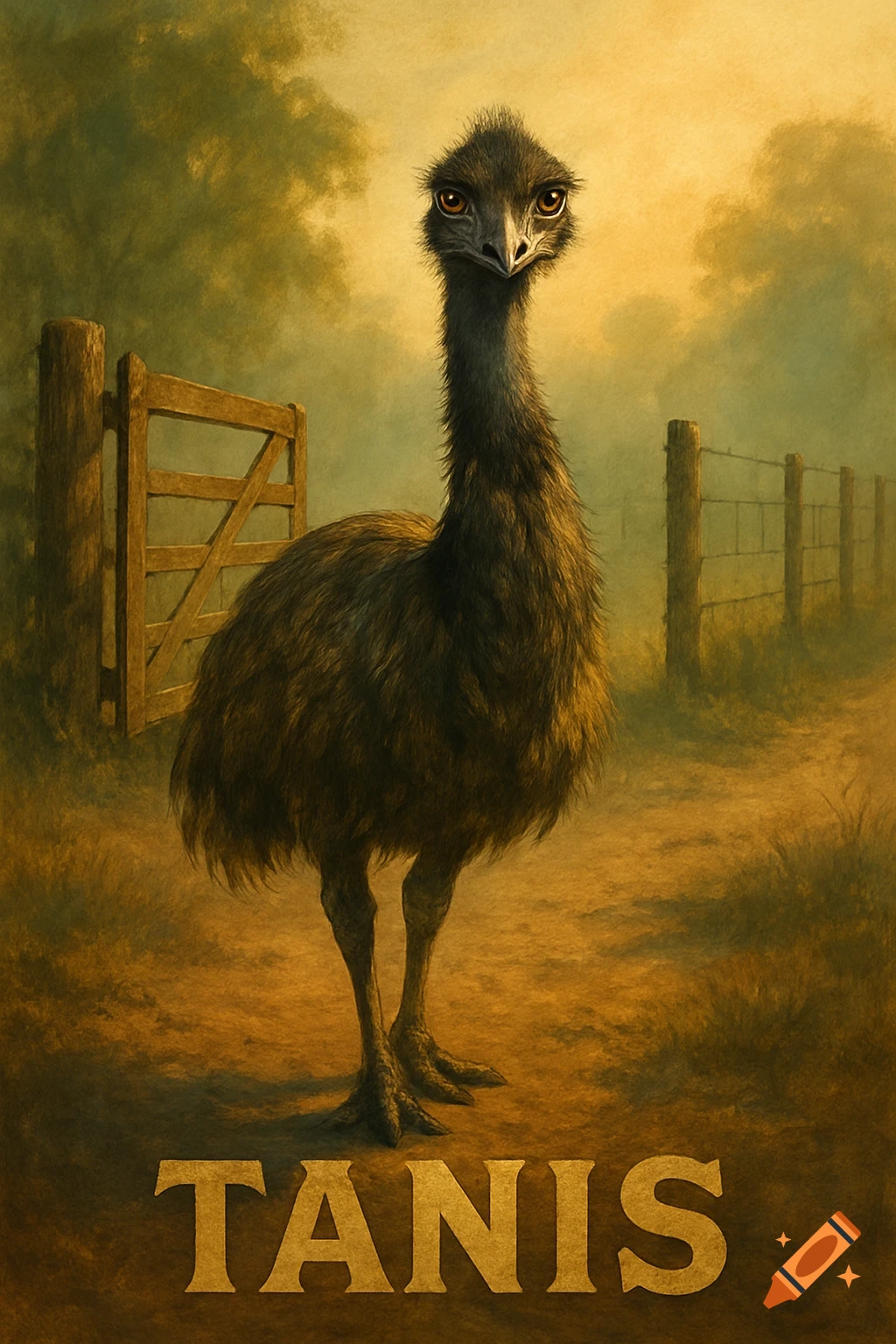 A large emu stands on a dirt path, looking forward, with a wooden gate and fence in the background, text 'TANIS' below, in a painterly style.