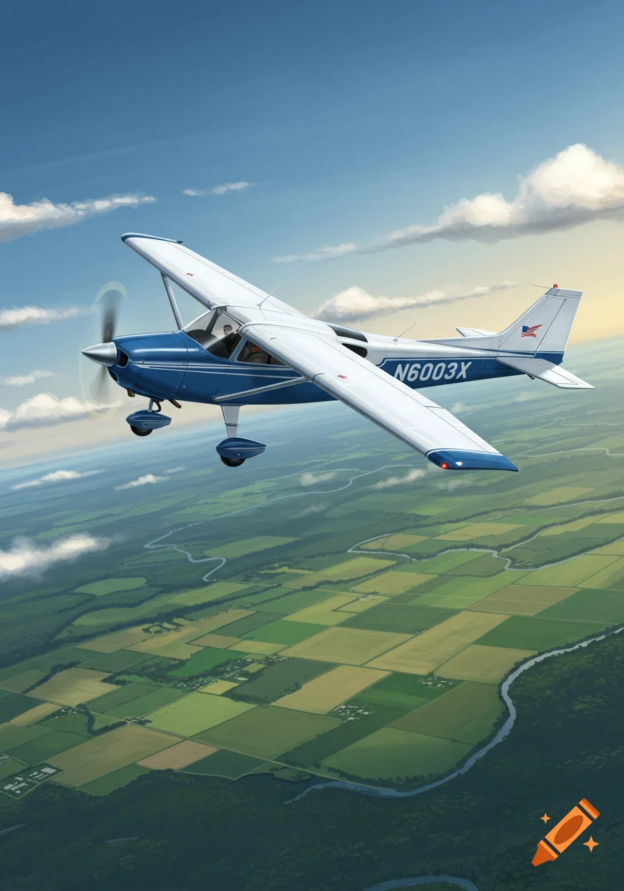 A blue and white Cessna 150 airplane with N6003X on its tail flies over green farm fields and a winding river.