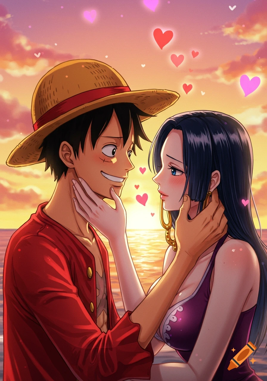 Anime characters Luffy and Hancock embrace on a beach at sunset with floating hearts. Hancock caresses Luffy's cheek.