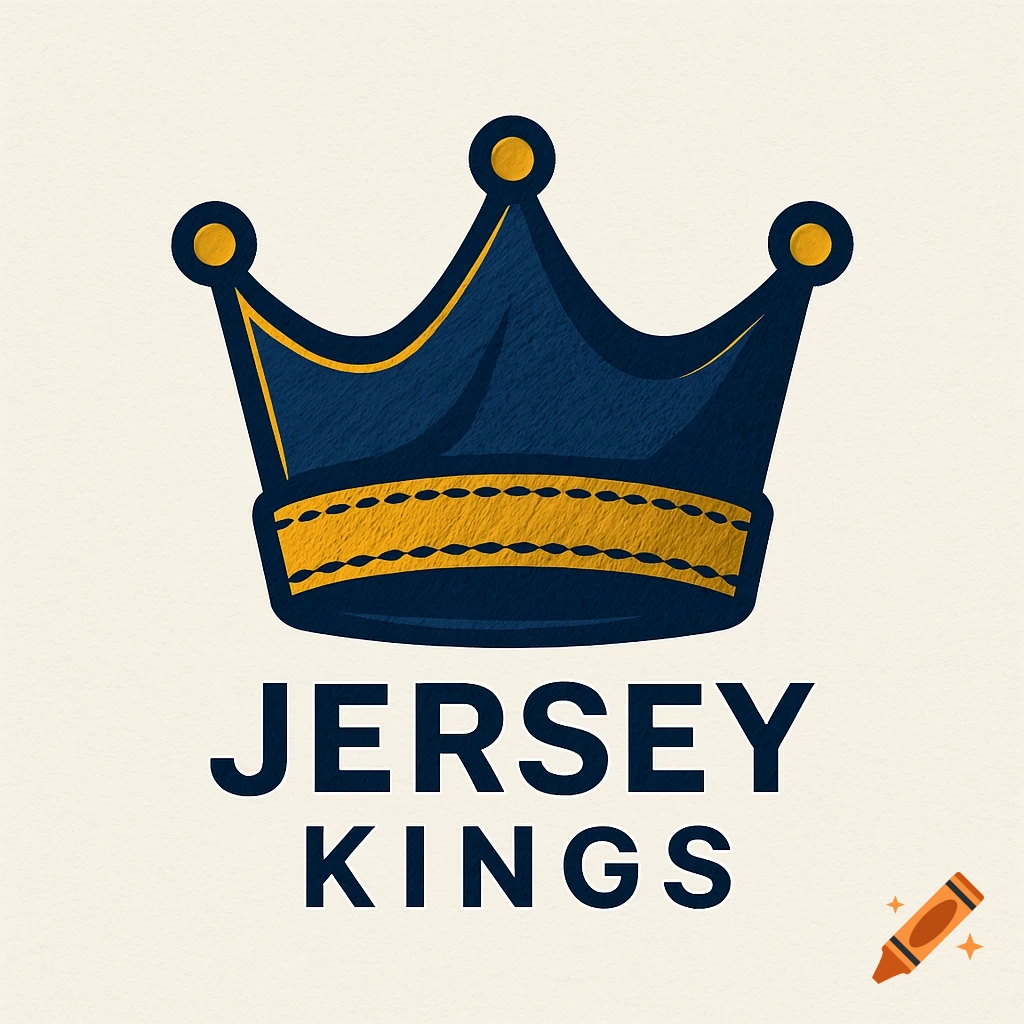 A logo featuring a dark blue crown with gold accents above the words "JERSEY KINGS" on a textured cream background.