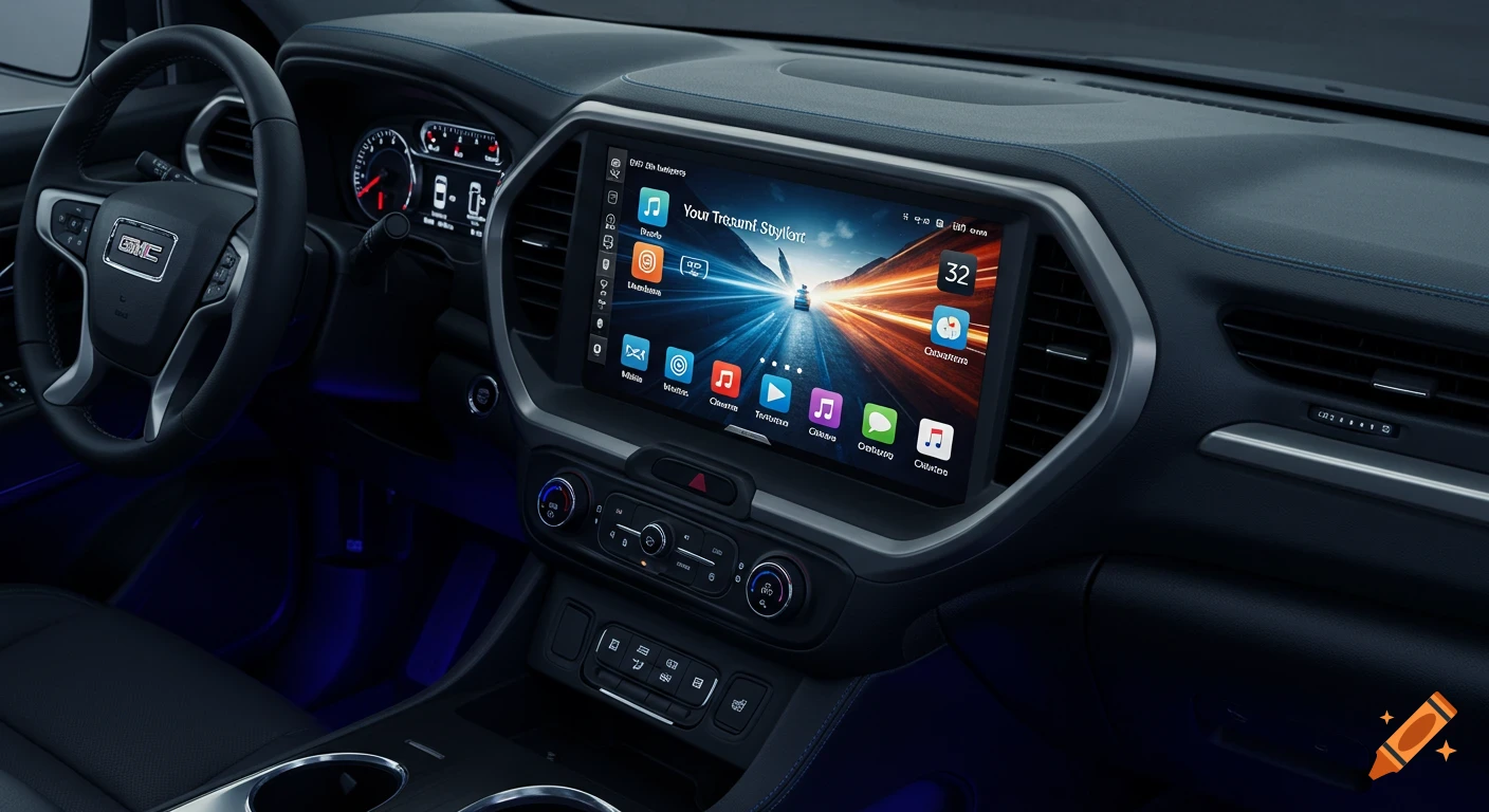 A photorealistic image of a modern car dashboard with a large infotainment screen displaying app icons and a road scene. The GMC logo is on the steering wheel.