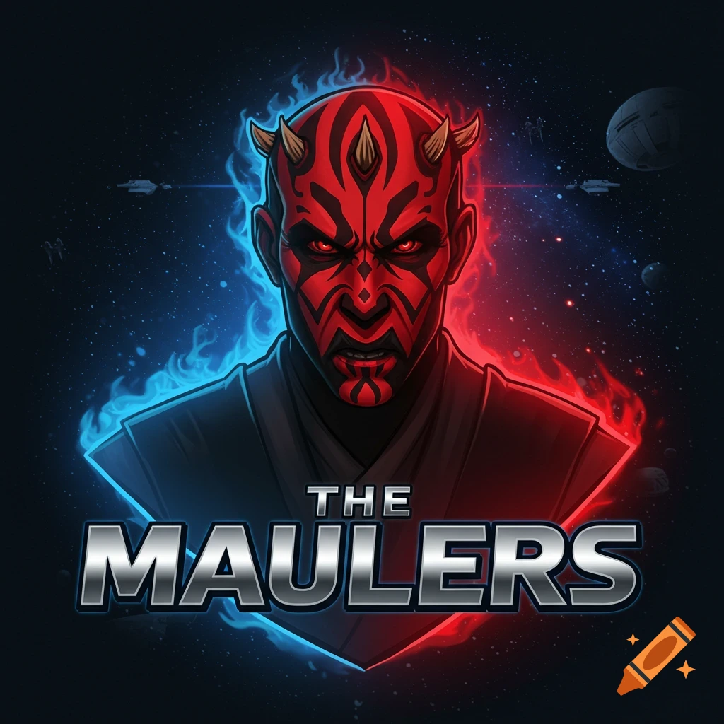 Stylized logo of Darth Maul with red and blue fire, set against a space background, with the text 'THE MAULERS'.
