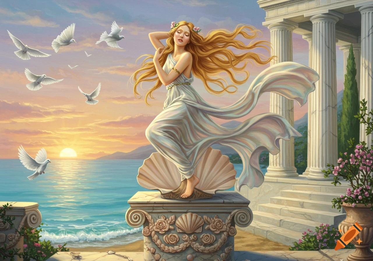 Aphrodite emerges from a seashell on a pedestal by a sunset sea, with doves and a classical temple in a painterly style.