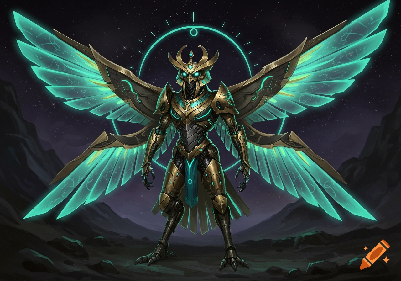 A majestic golden and teal biomechanical falcon-themed robot with large glowing wings stands under a starry sky.