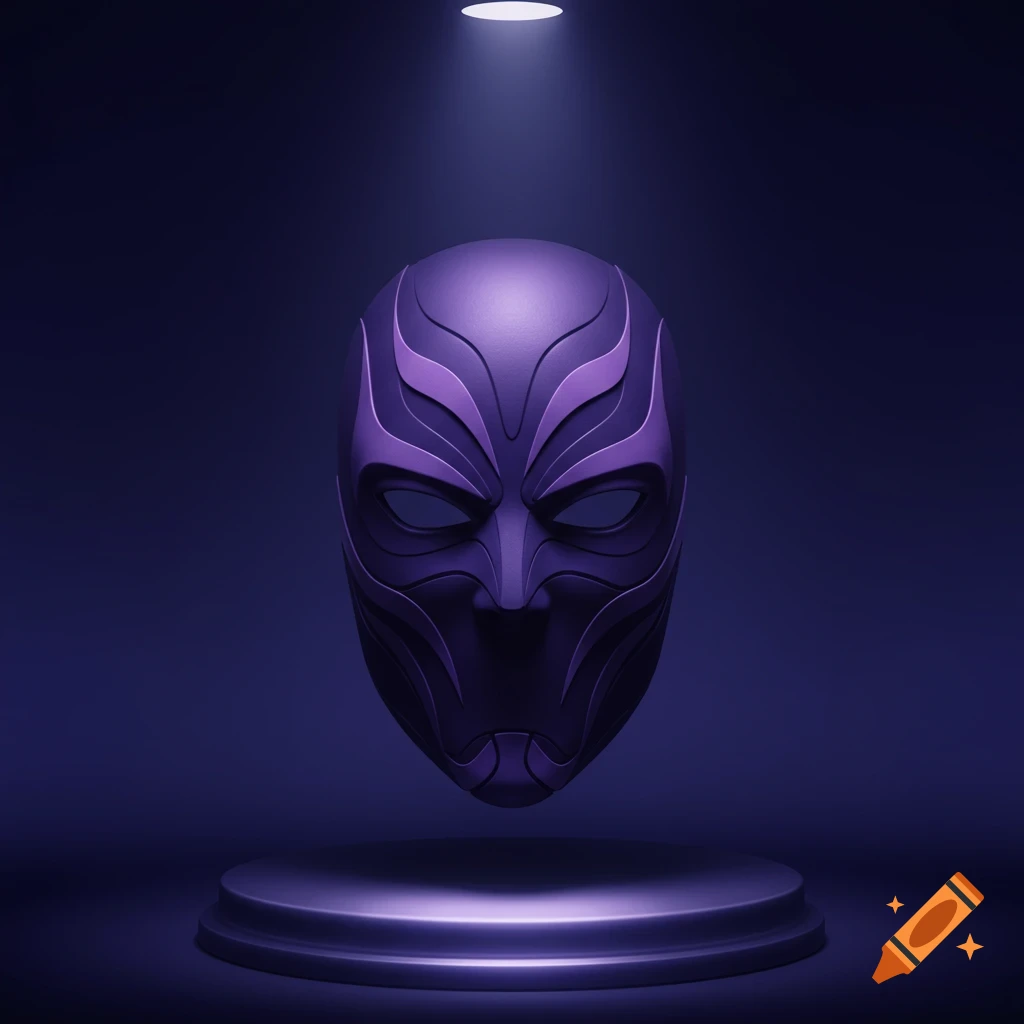 A stylized purple superhero mask with intricate patterns, illuminated by a spotlight on a dark stage.
