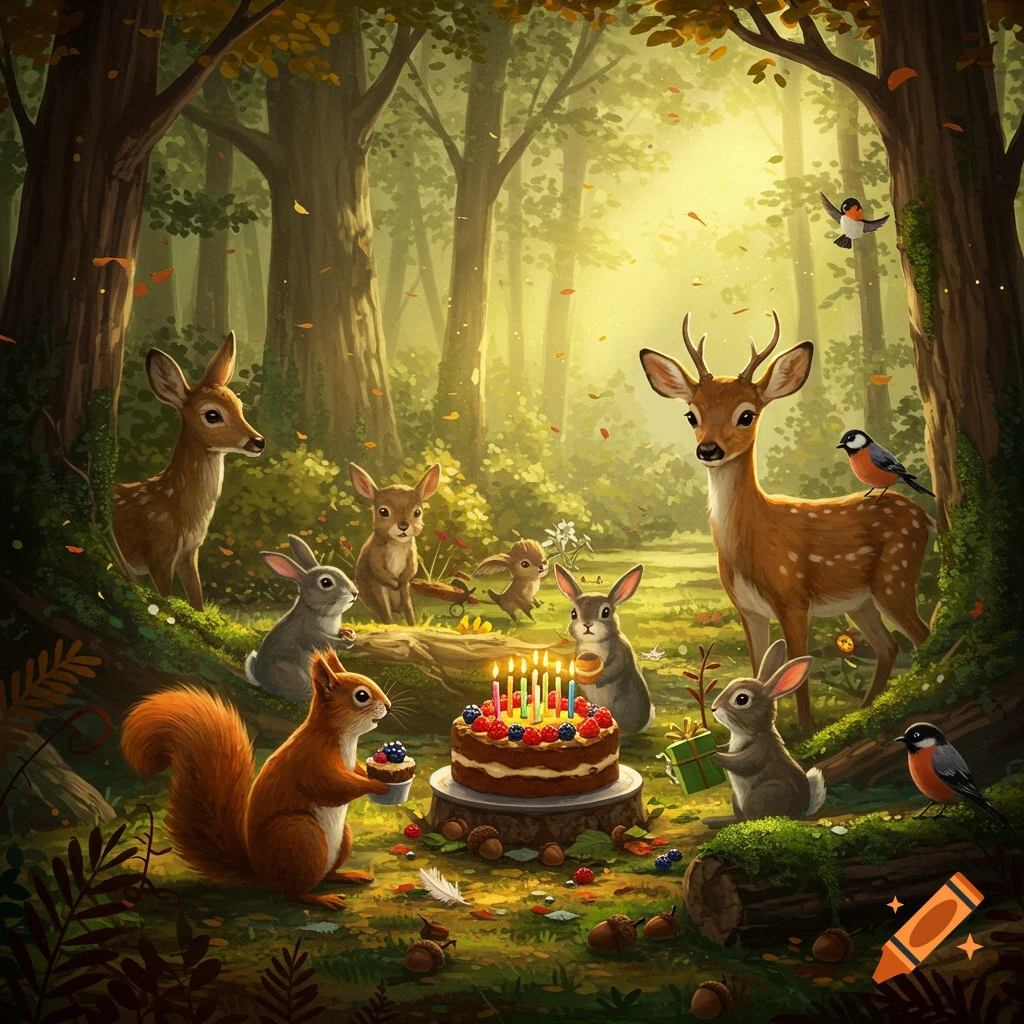 Whimsical illustration of forest animals celebrating a birthday party with a cake and candles in an enchanted forest.