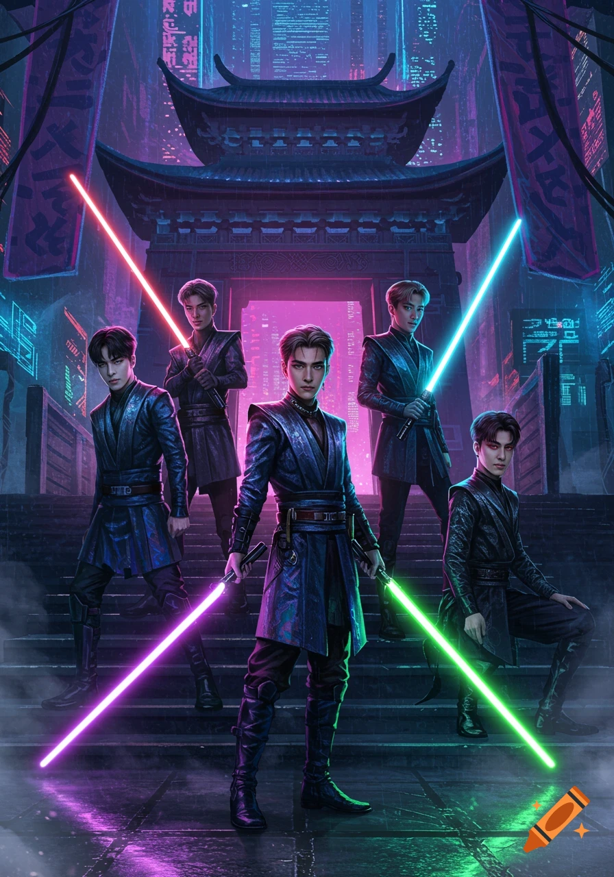 Five men in dark, futuristic outfits hold glowing lightsabers in a neon-lit cyberpunk city with traditional East Asian architecture.