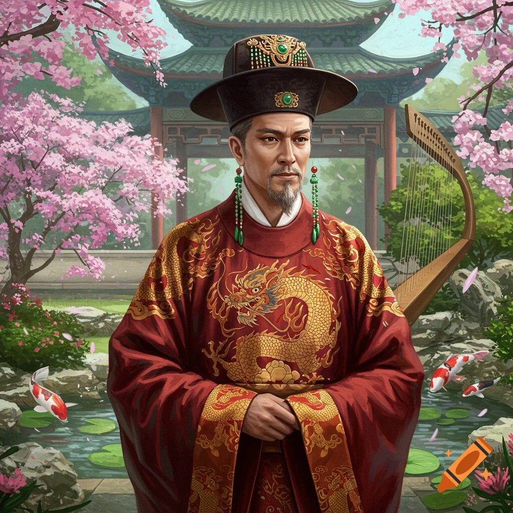 Man in traditional red and gold robes and hat in an East Asian garden with cherry blossoms, pond, and koi fish.