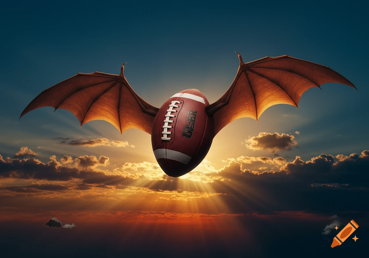 A football with bat wings flies gracefully through a vibrant sunset sky, with warm light reflecting on the clouds.