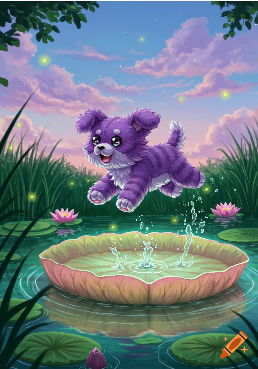 A fluffy purple cartoon dog jumps over a lily pad in a pond with water lilies and tall grass, under a sunset sky with fireflies.