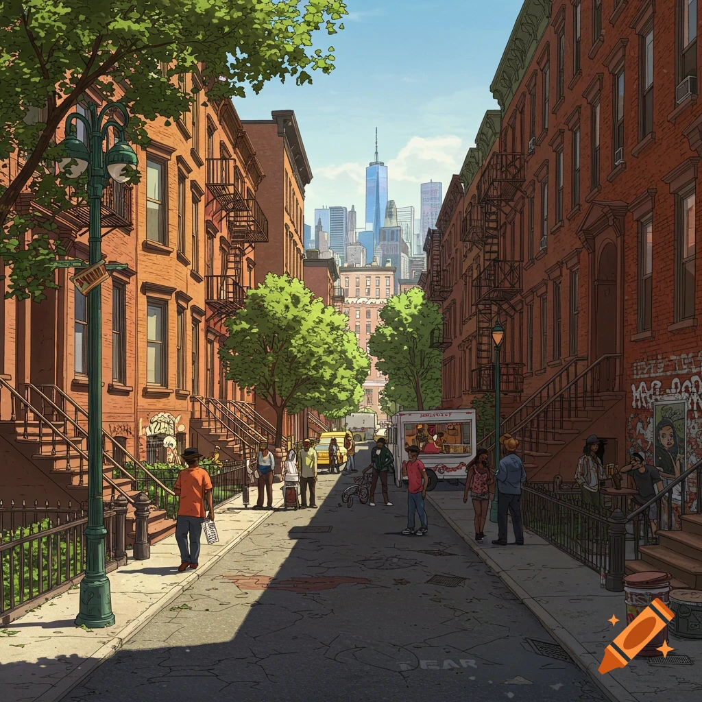 An animated street scene in a city, with brownstone buildings lining both sides, people walking, and a skyline in the distance.