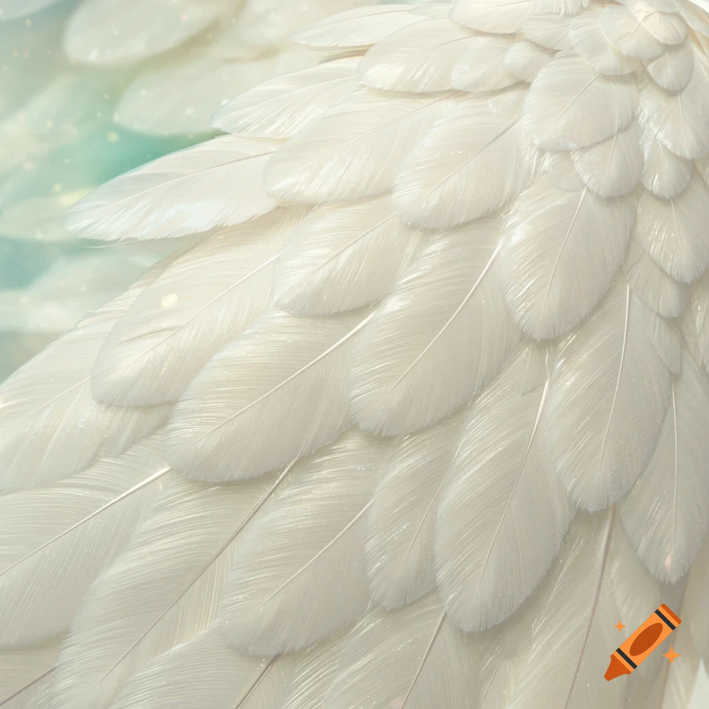 Close-up of white, ethereal feathers on an angel's wing with a soft blue-green background.